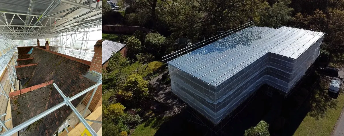 Major works — close-up and aerial scaffolding view